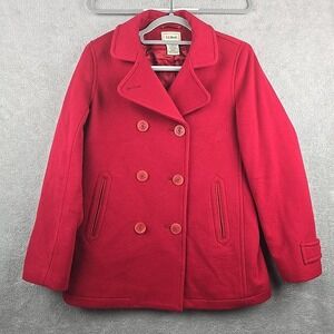 L.L. Bean Lambswool Pea‎ Coat Jacket Women's Size 8 Red Double Breasted Anchor